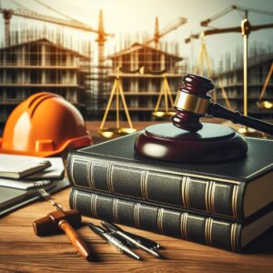 Gavel and law books at a construction site.